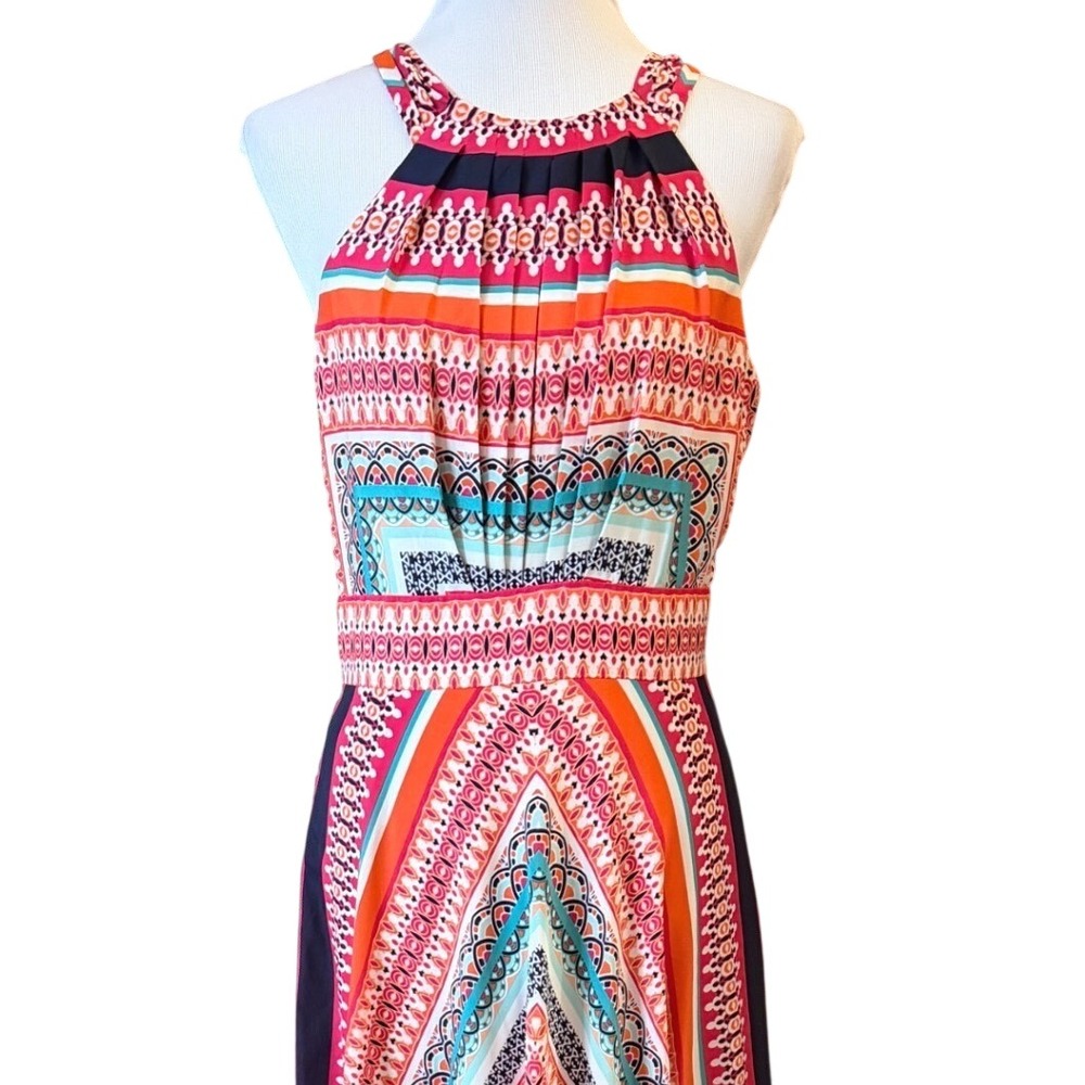 Eliza J Scarf Print Halter Maxi Dress Womens 8 Multi Color Boho Border Gown